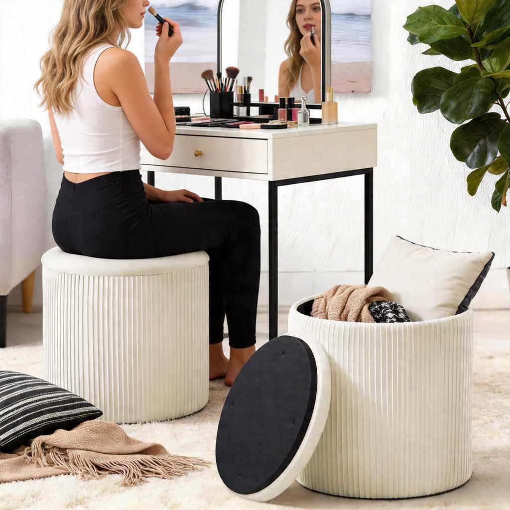 White Vanity Stool Set of 2 - Round Storage Ottoman with Lid, Velvet Footrest Pouf for Makeup Room & Living Room, Multi-Use Small Chair with Hidden Storage（White）