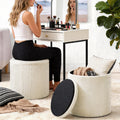 White Vanity Stool Set of 2 - Round Storage Ottoman with Lid, Velvet Footrest Pouf for Makeup Room & Living Room, Multi-Use Small Chair with Hidden Storage（White）
