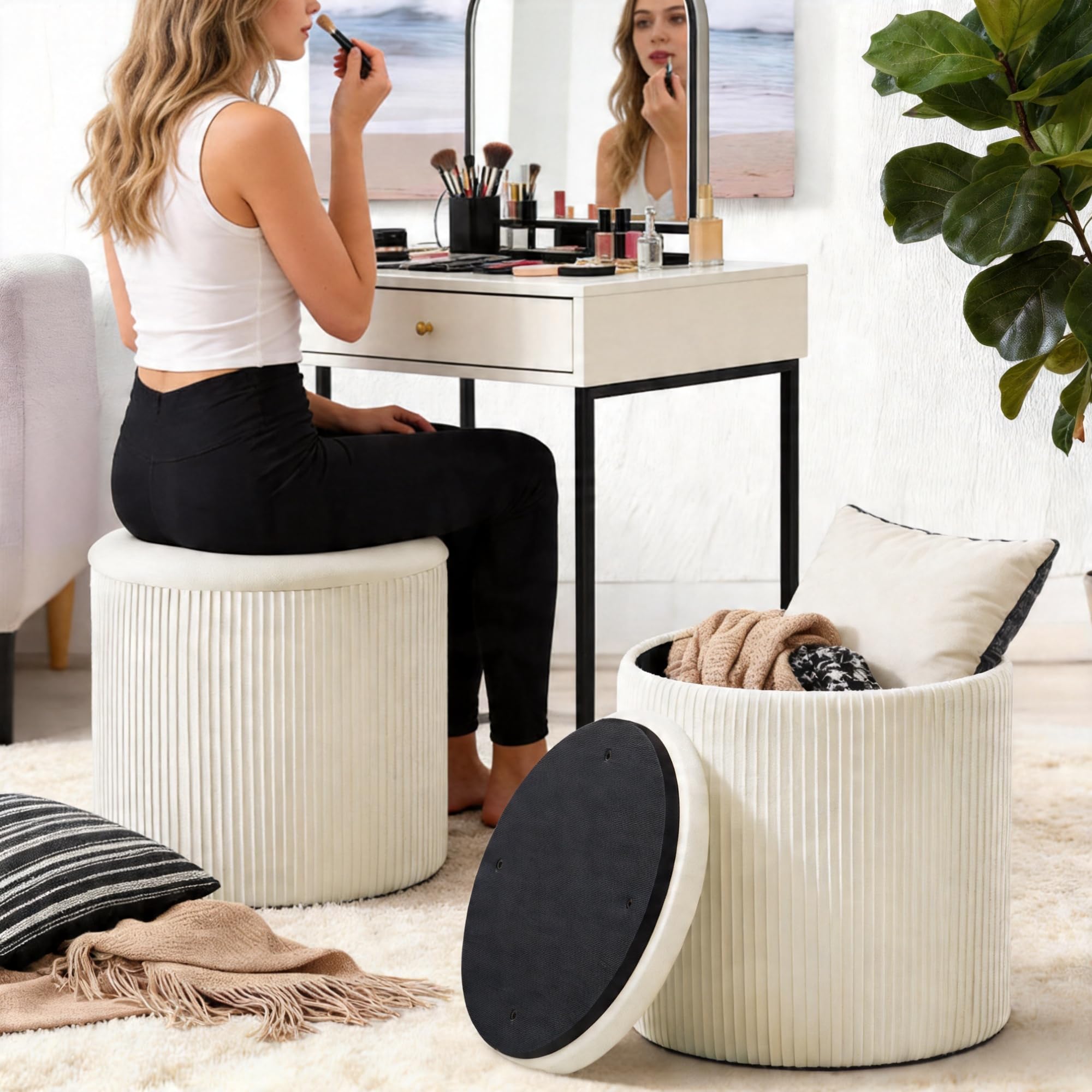 White Vanity Stool Set of 2 - Round Storage Ottoman with Lid, Velvet Footrest Pouf for Makeup Room & Living Room, Multi-Use Small Chair with Hidden Storage（White）