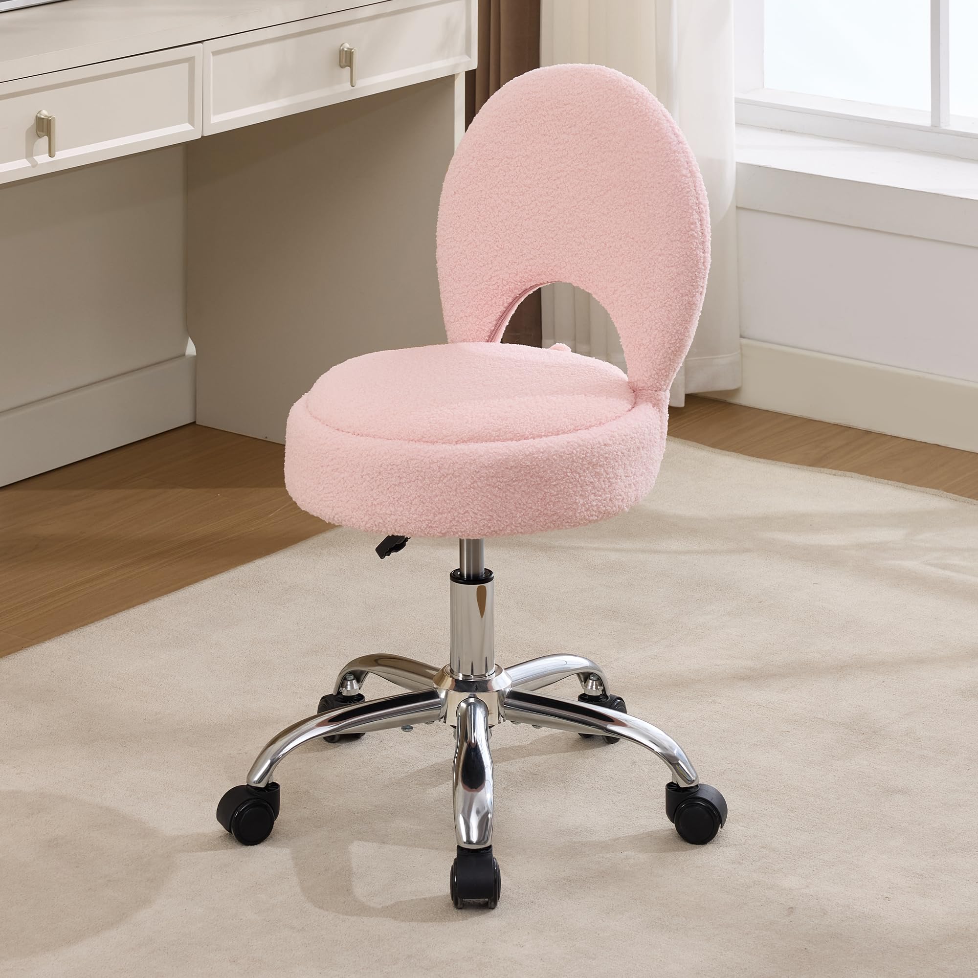 Home Office Chair Foldable Vanity Chair Vanity Stool with Storage 15.8" Spacious Seat 360° Swivel Height Adjustable White