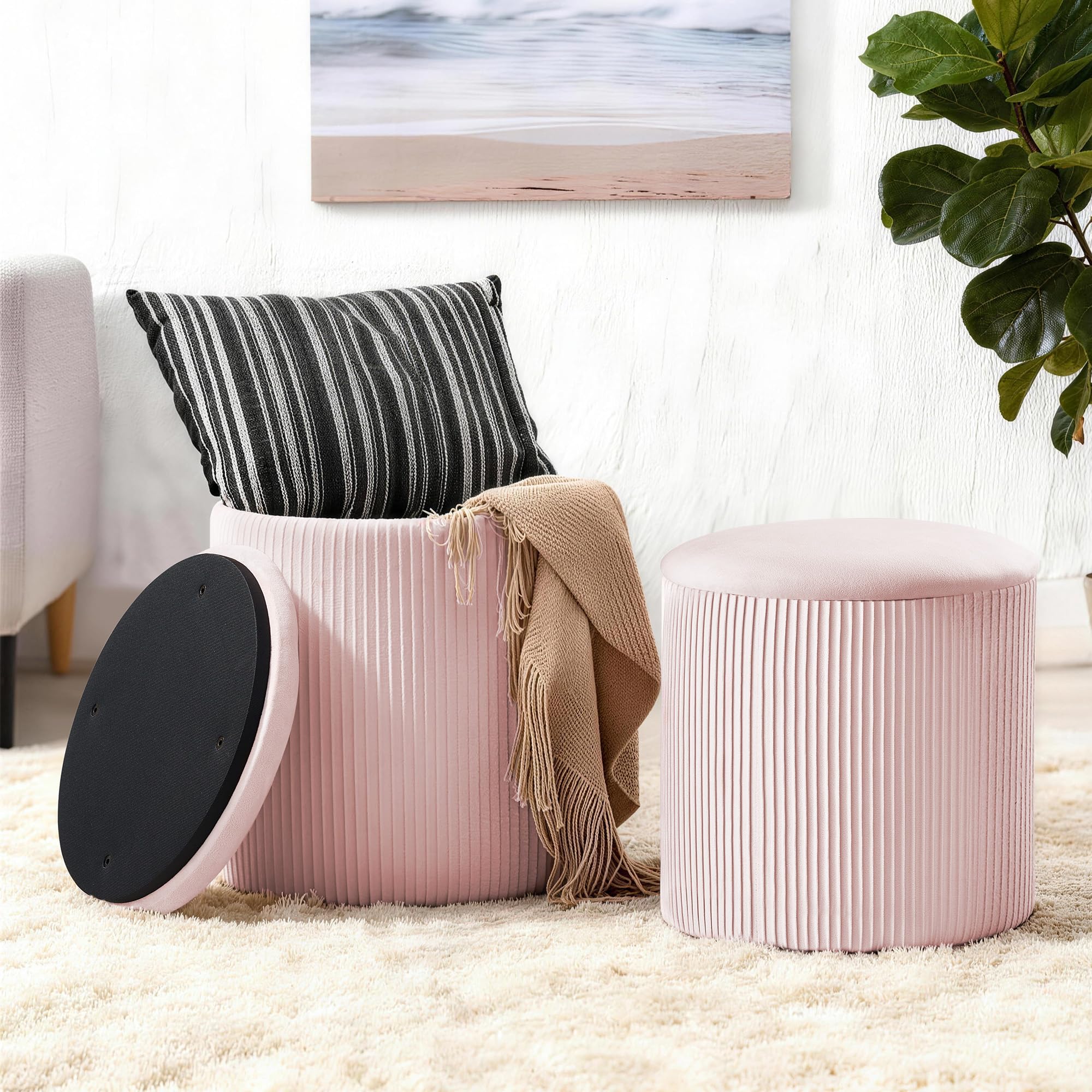 White Vanity Stool Set of 2 - Round Storage Ottoman with Lid, Velvet Footrest Pouf for Makeup Room & Living Room, Multi-Use Small Chair with Hidden Storage（White）