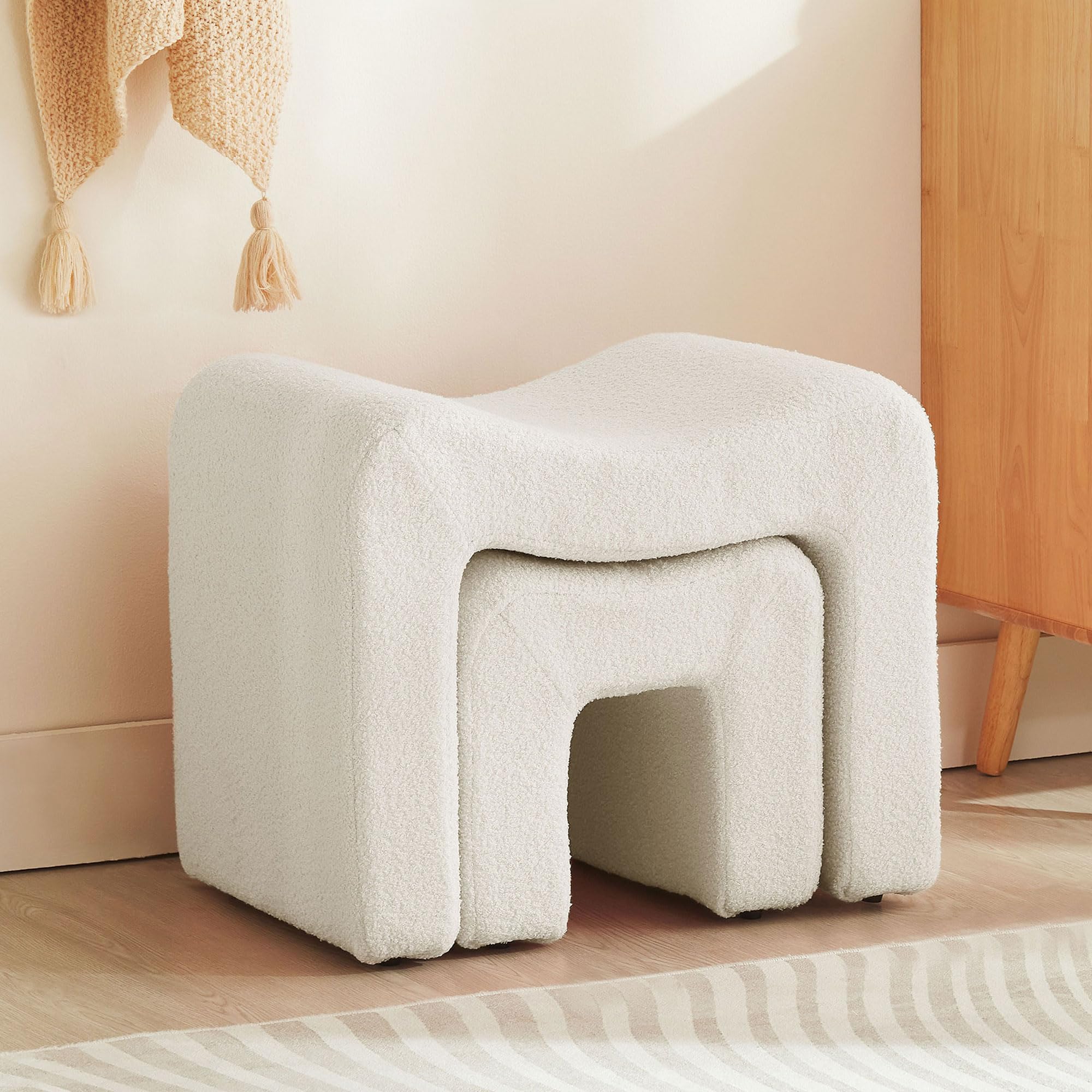 Ottoman Vanity Stool Chair Small Footstool Seating Backless Modern Foot Rest Teddy Velvet Ottoman for Makeup Room Living Room Bedroom Entryway,White (Single 1)