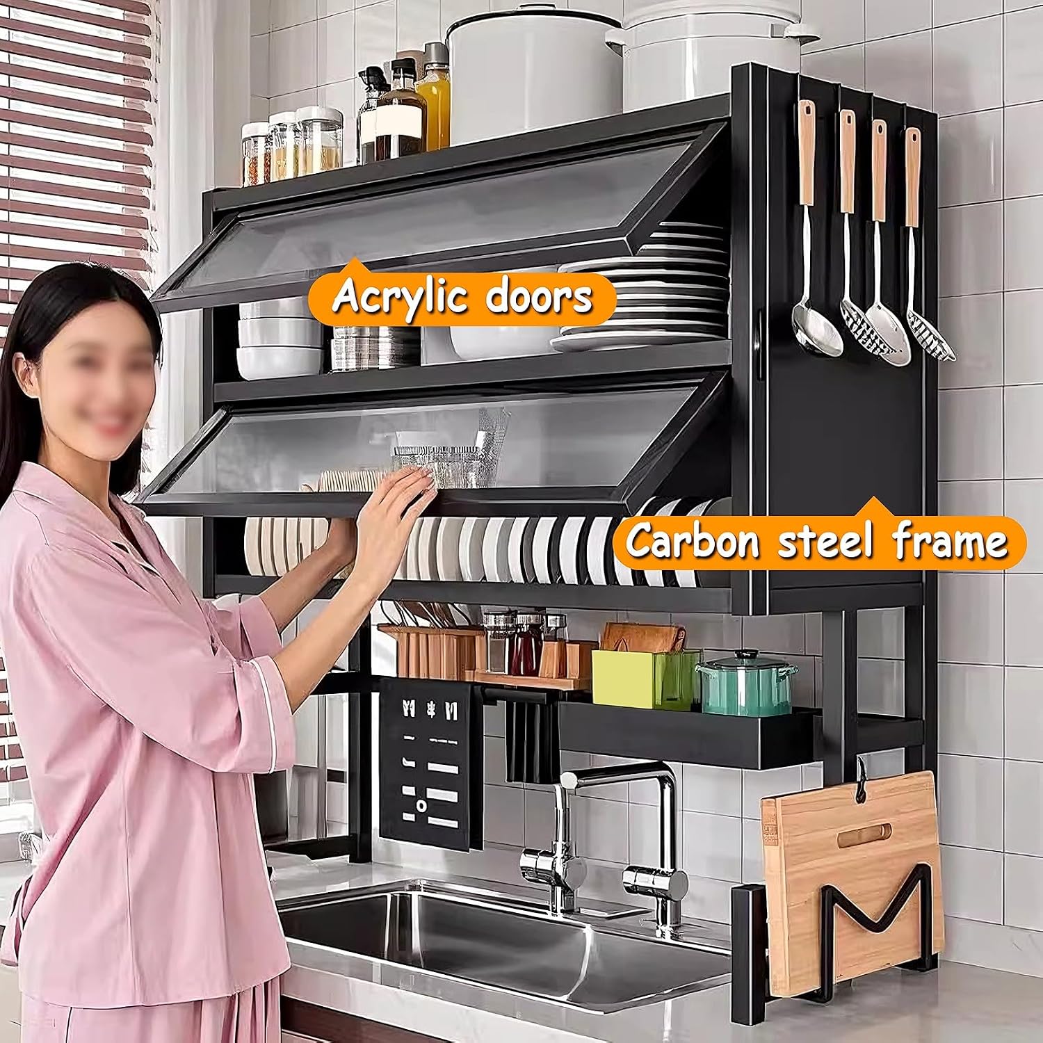 Over The Sink Dish Drying Rack 3 Tier with Acrylic Doors and Suction Cup Feet Kitchen Sink Caddy Organizer Carbon Steel Large Dishes Drying Rack for Kitchens(White,85 * 28 * 102cm)