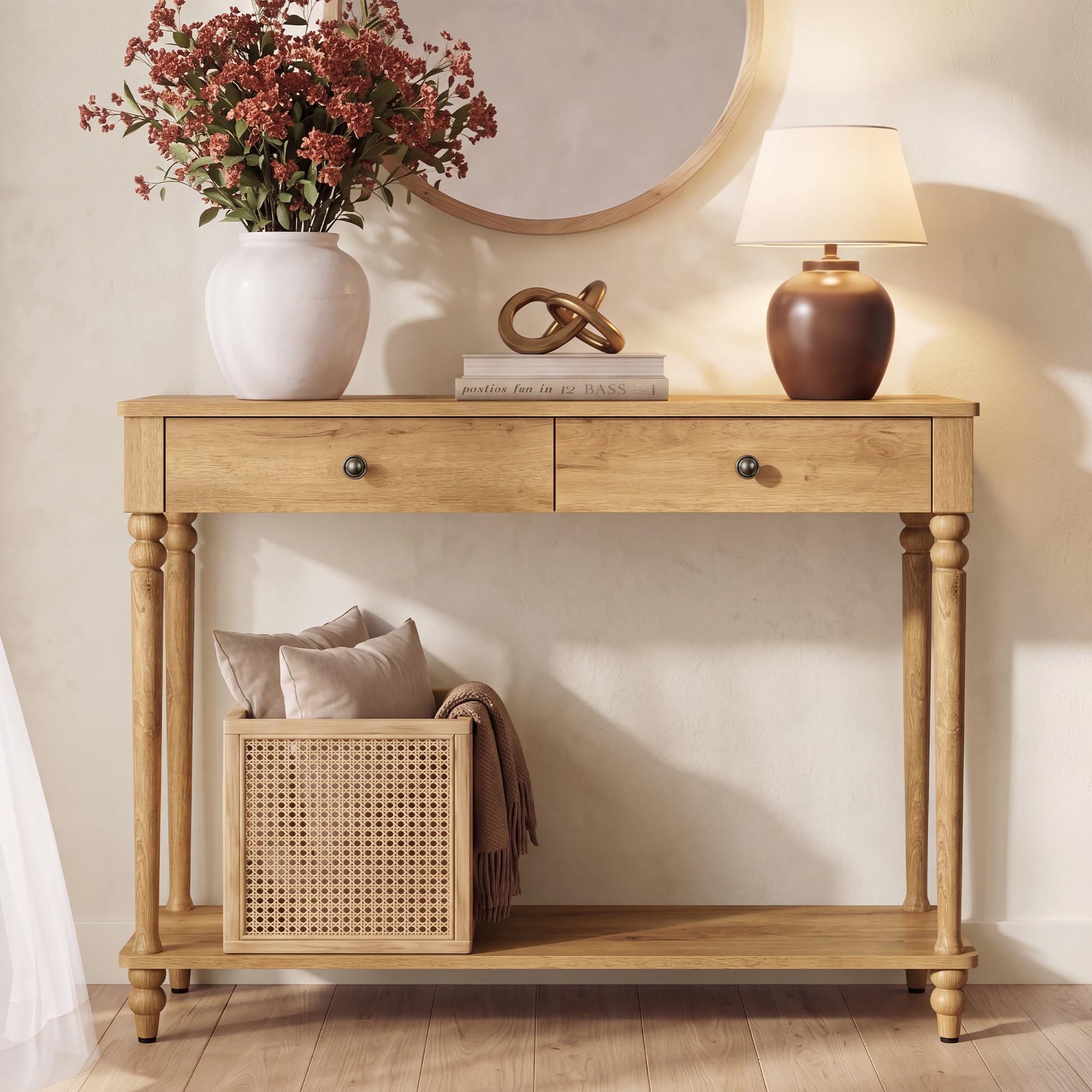 VASAGLE Mariel Collection - Console Table, Narrow Entryway Sofa Table with Drawers and Shelf, Solid Wood Legs, Mid-Century Modern, for Hallway Doorway Living Room, Natural Brown ULNT139K301S
