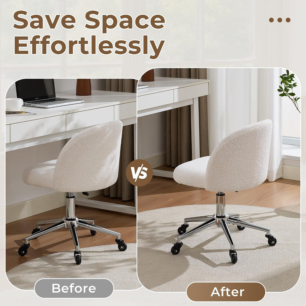Home Office Chair with Quiet Wheels - Armless Vanity Chair Vanity Stool, 360 Swivel Height Adjustable White
