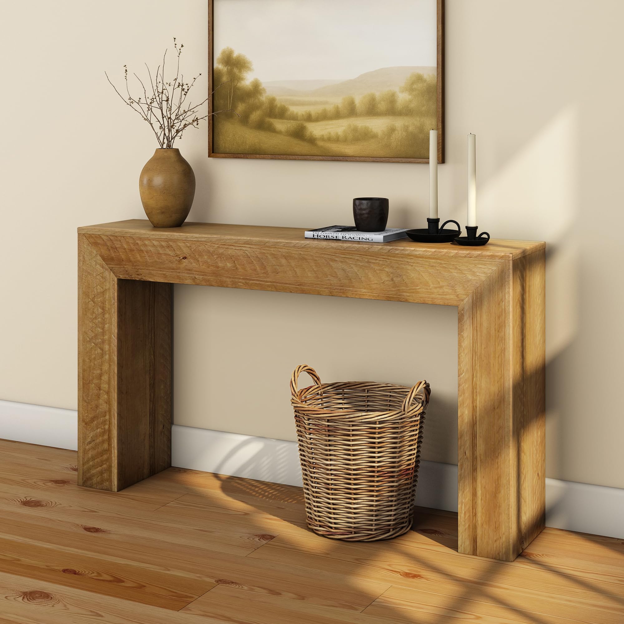 Plank+Beam Grand Console Table, 66 Inch Modern Solid Wood Sofa Table, Narrow Entryway Table for Hallway, Behind the Couch, Living Room, Foyer, Black Wirebrush