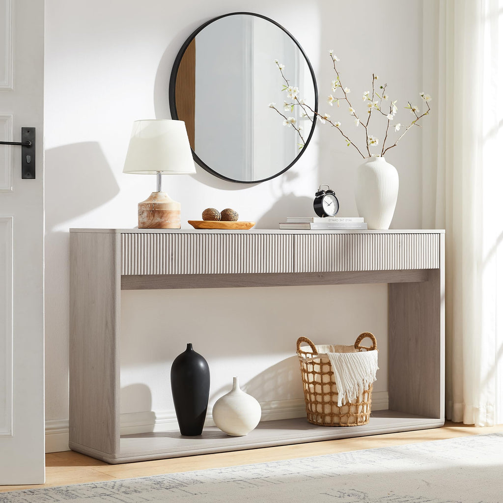 OKD 63" Fluted Console Table for Entryway, Modern Entryway Table with 2 Large Drawers, Long Sofa Table Behind Couch for Living Room, Hallway, Couch, Foyer，Natural Oak
