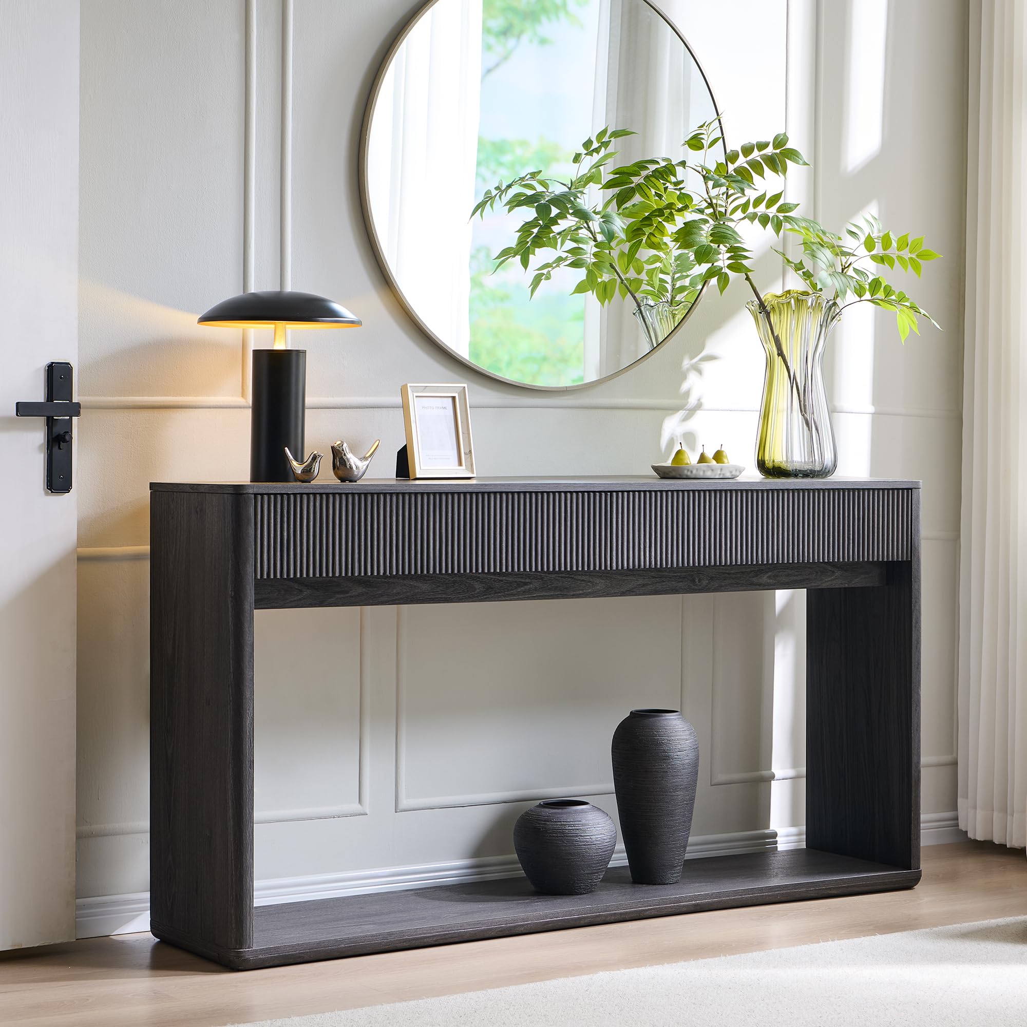 OKD 63" Fluted Console Table for Entryway, Modern Entryway Table with 2 Large Drawers, Long Sofa Table Behind Couch for Living Room, Hallway, Couch, Foyer，Natural Oak