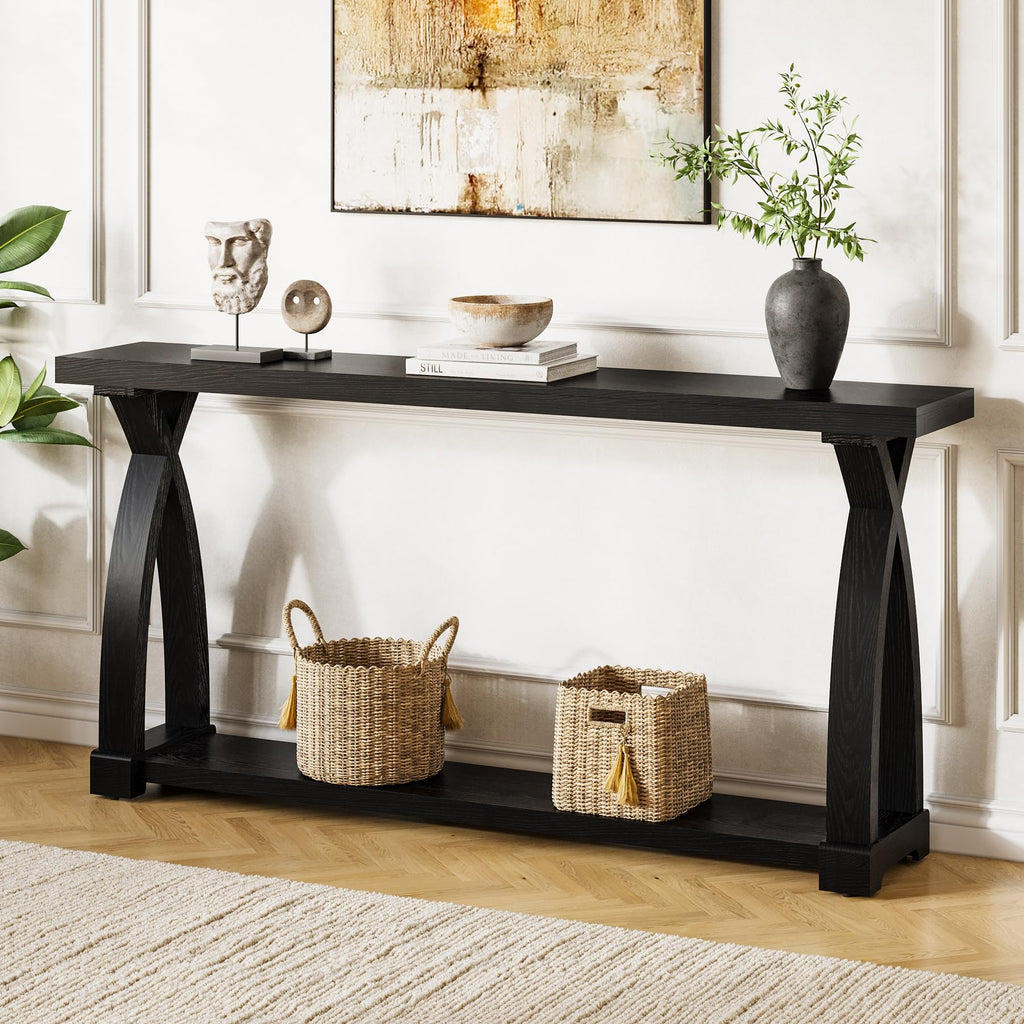 Solid Wood Console Table for Entryway, 63-Inch Narrow Farmhouse Couch Table Behind Sofa with 2-Tier Storage for Entrance, Foyer, Living Room, Long, Dark Brown