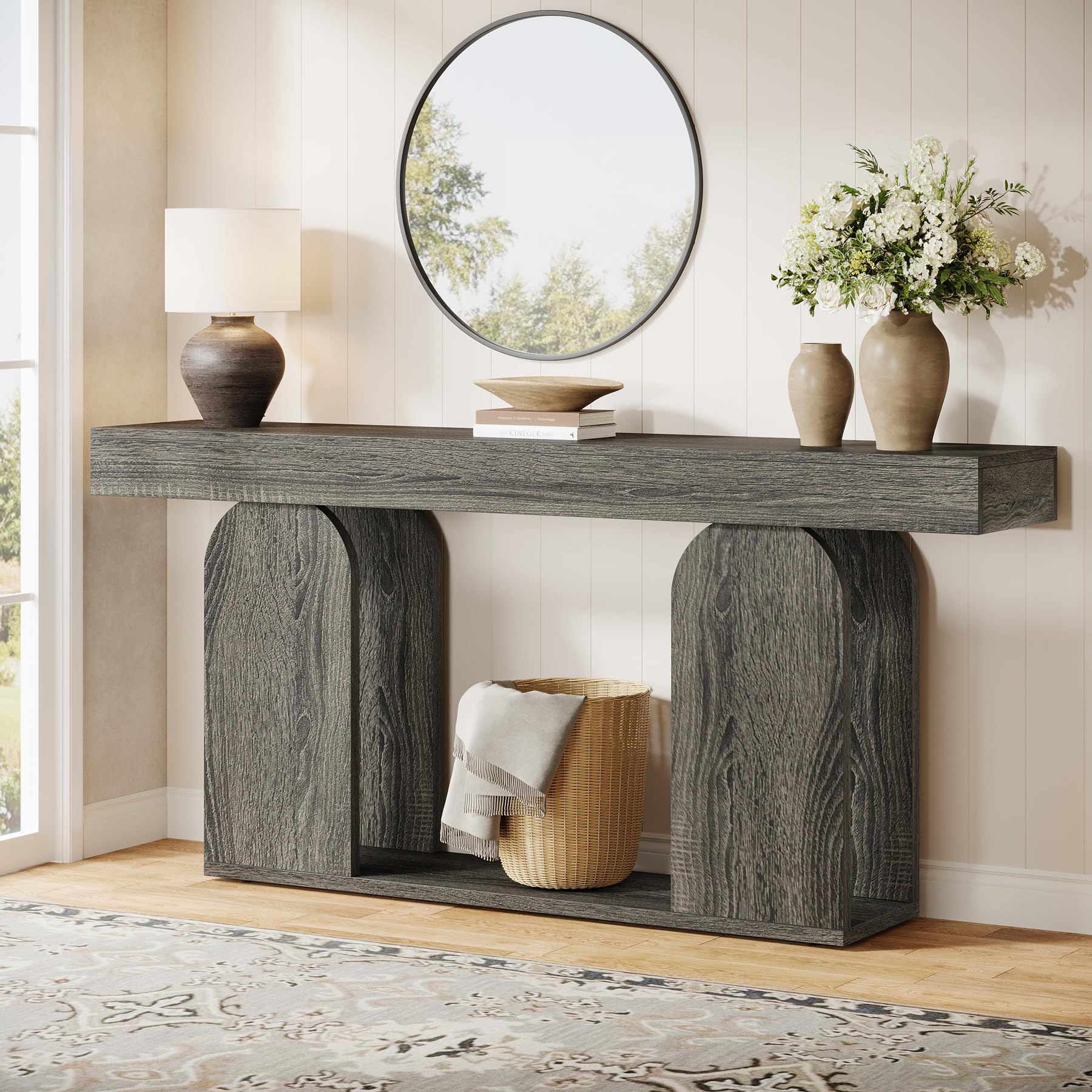 Tribesigns 70.9-Inch Extra Long Sofa Table, Farmhouse Console Tables with Wood Frame and Storage Shelf, 2-Tier Wood Table Behind Couch for Living Room, Hallway, Foyer, Light Brown