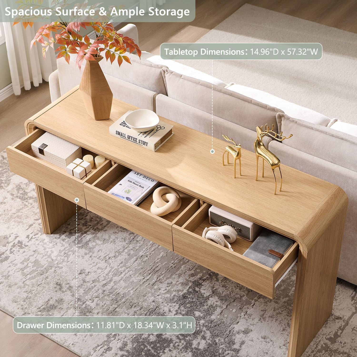 63" Natural Curved Console Table with 3 Drawers, Narrow Sofa Table for Foyer Hallway