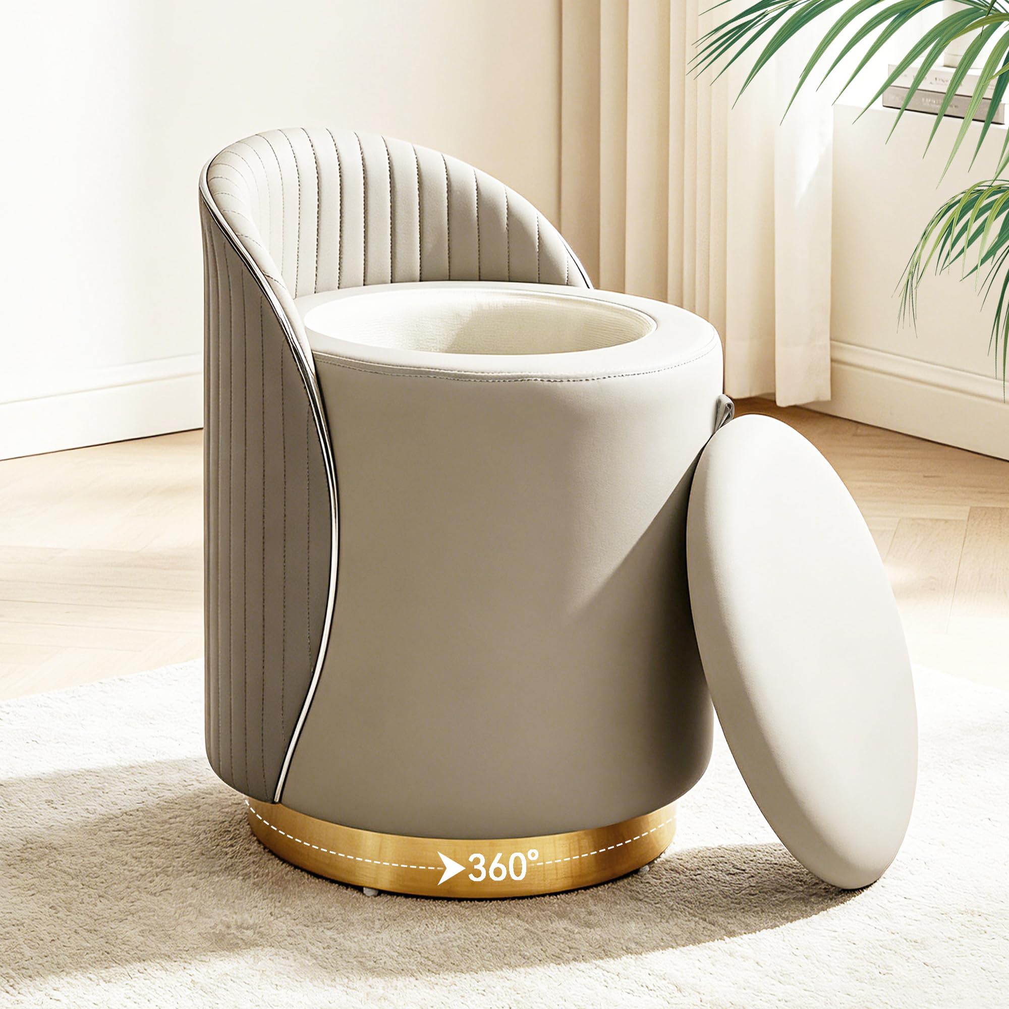 Vanity Stool with Back, 360° Swivel Round Makeup Vanity Chair, Foot Stools Ottoman Faux Fur, Upholstered Multifunctional Accent Stool for Makeup, Bedroom, Living Room, Cream