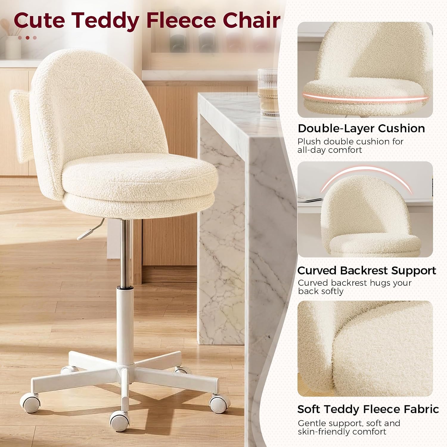 Velvet Armless Tall Office Chair with Wheels, Adjustable Height Desk Chair with Lumbar Support