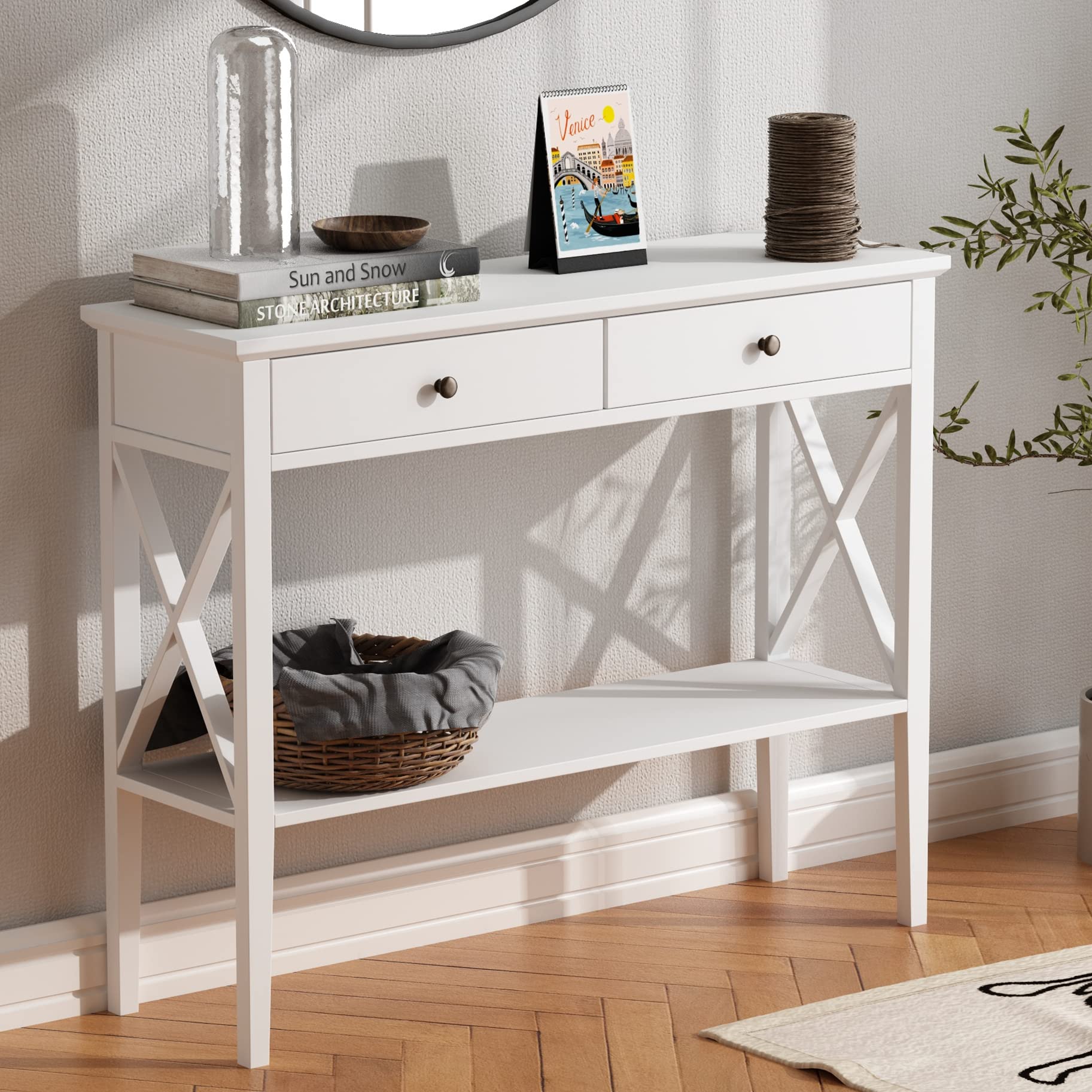 ChooChoo Console Table with Drawers, Narrow Wood Accent Sofa Table Entryway Table with Storage Shelf for Entryway, Front Hall, Hallway, Living Room, Black