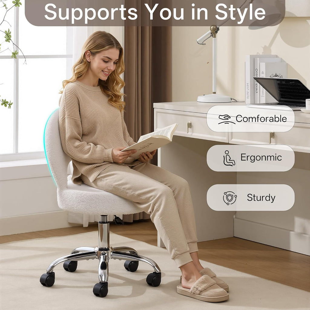 Home Office Chair Foldable Vanity Chair Vanity Stool with Storage 15.8" Spacious Seat 360° Swivel Height Adjustable White