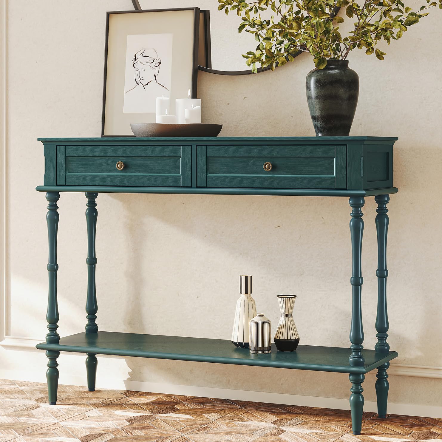 ARTPOWER Console Table for Entryway with 2 Drawers-Minimal Assembly,Blue Retro Entryway Table with Storage Cabinets and Open Shelf,Narrow Long Couch Table Behind Sofa for Living Room,Foyer,Hallway