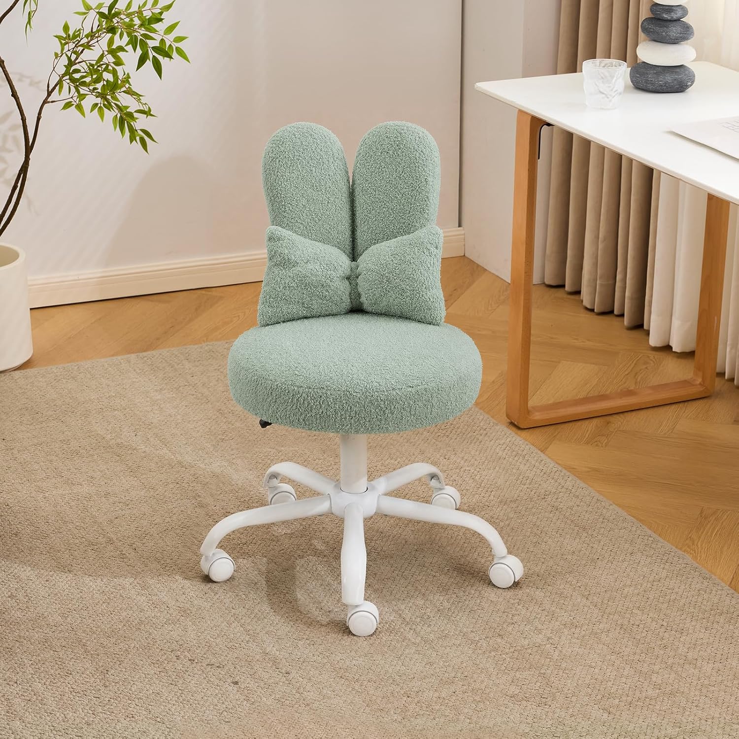 VINGLI Playful Rabbit Ear Swivel White Vanity Desk Chair with wheels&Bow Pillow,Cute Comfy Small Armless Adjustable Rolling Stool for Bedroom/Home Office,for Kids,Teens,Girls,Women,Adults,Teddy Fleece