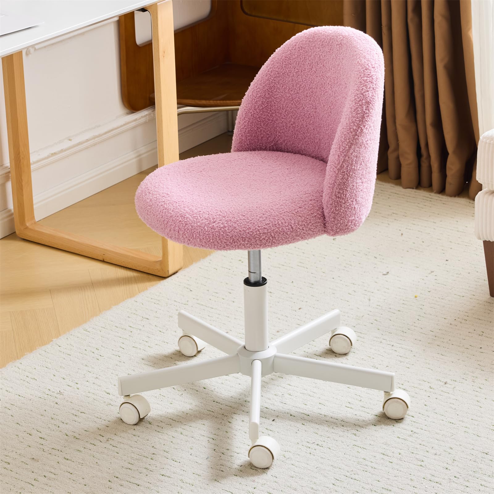 VINGLI Candy Chair Armless Cute Desk Chair,Comfy Small Office Chair with Wheels,Vanity Chair Lumbar Support,Teddy Adjustable Rolling Swivel Computer Task Chair for Home Office,Bedroom,Creamy Beige