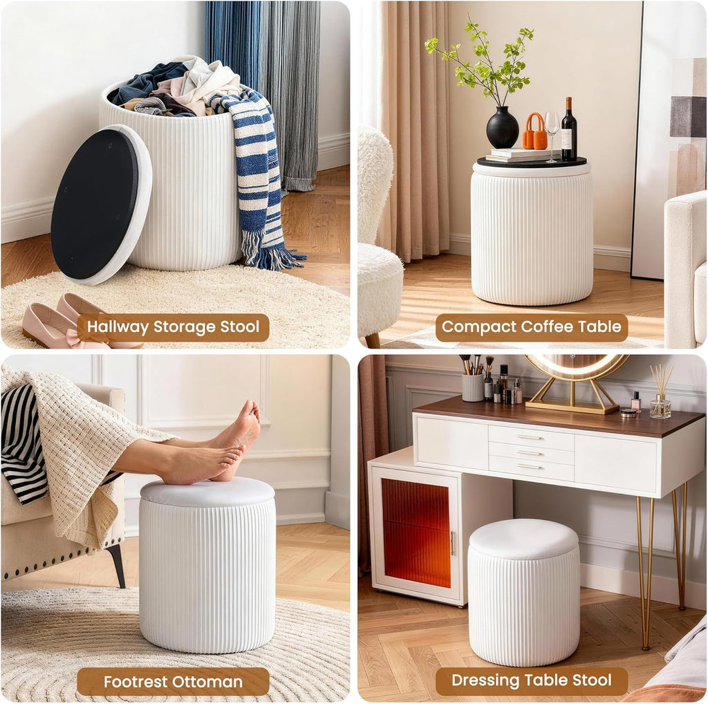 White Vanity Stool Set of 2 - Round Storage Ottoman with Lid, Velvet Footrest Pouf for Makeup Room & Living Room, Multi-Use Small Chair with Hidden Storage（White）