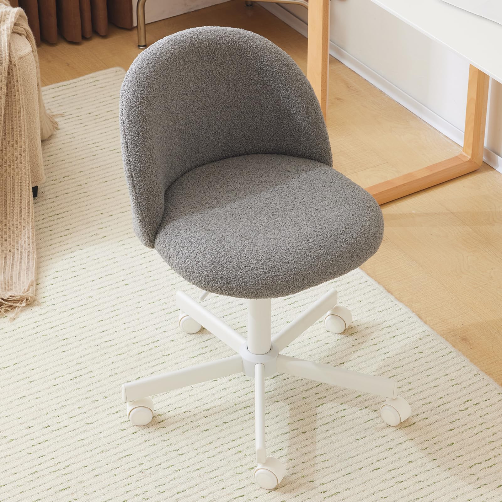 VINGLI Candy Chair Armless Cute Desk Chair,Comfy Small Office Chair with Wheels,Vanity Chair Lumbar Support,Teddy Adjustable Rolling Swivel Computer Task Chair for Home Office,Bedroom,Creamy Beige