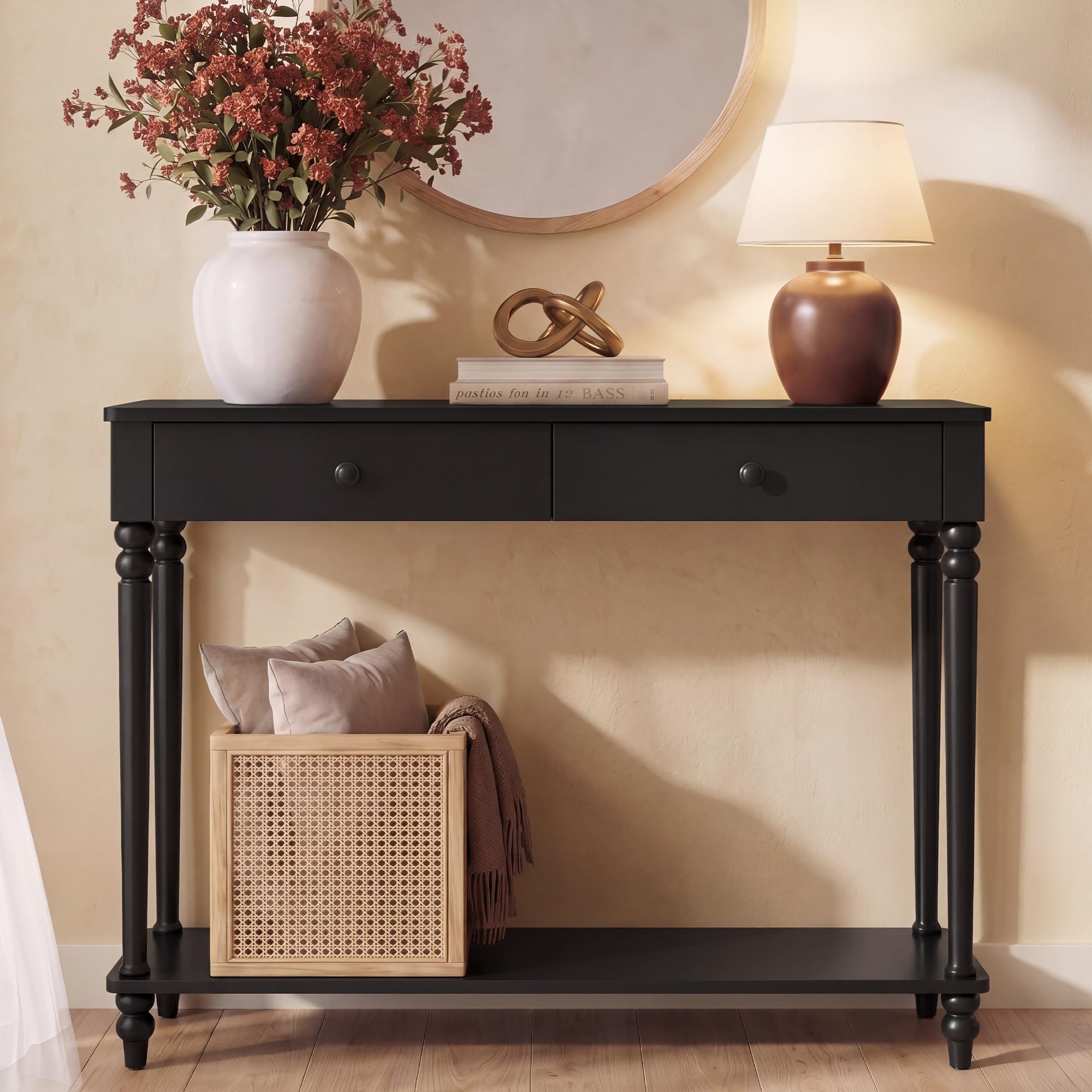 VASAGLE Mariel Collection - Console Table, Narrow Entryway Sofa Table with Drawers and Shelf, Solid Wood Legs, Mid-Century Modern, for Hallway Doorway Living Room, Natural Brown ULNT139K301S