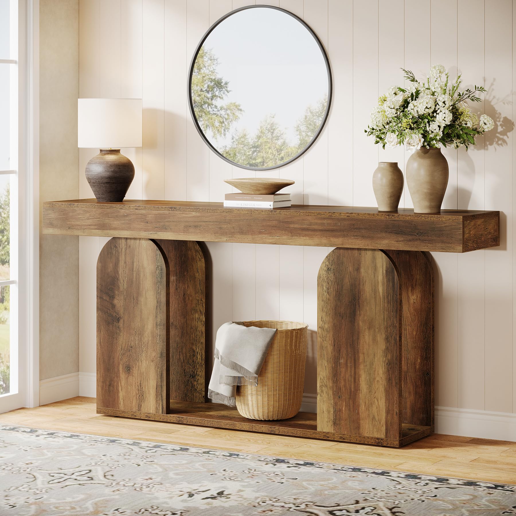 Tribesigns 70.9-Inch Extra Long Sofa Table, Farmhouse Console Tables with Wood Frame and Storage Shelf, 2-Tier Wood Table Behind Couch for Living Room, Hallway, Foyer, Light Brown