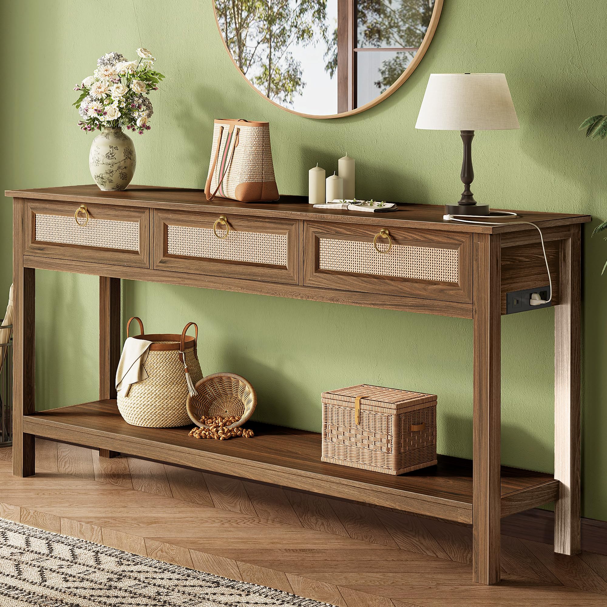 SUPERJARE Rattan Console Sofa Table with Outlets and USB-C Port, 3 Drawer Entryway Table with Synthetic Rattan Surface, Open Shelf, Behind Couch Entry Foyer Hallway Storage, Natural