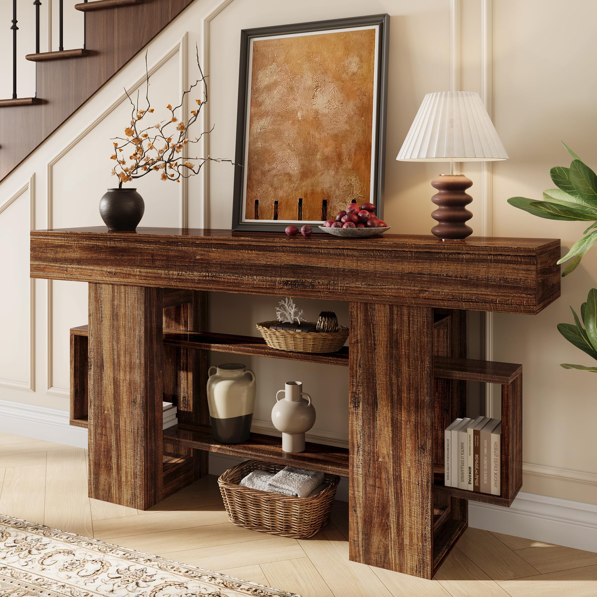 Einhomn 63 Inches Entryway Table, Wooden Console Table with Storage, Narrow Sofa Table Behind Couch, Farmhouse Long Entry Hallway Tables for Entrance, Foyer, Living Room, Natural Brown