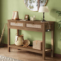 SUPERJARE Rattan Console Sofa Table with Outlets and USB-C Port, 3 Drawer Entryway Table with Synthetic Rattan Surface, Open Shelf, Behind Couch Entry Foyer Hallway Storage, Natural