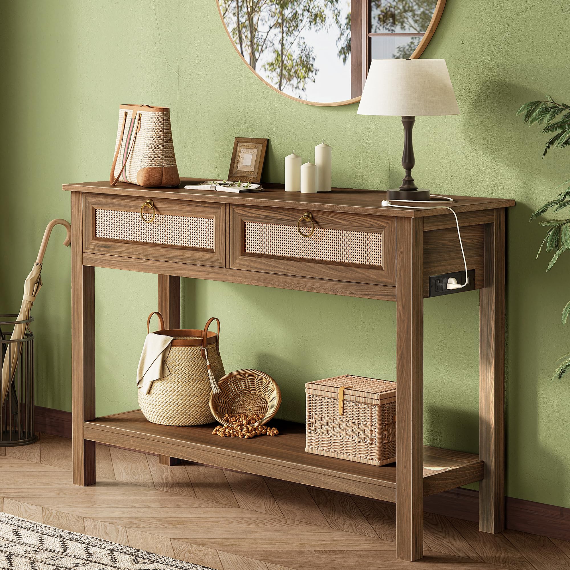SUPERJARE Rattan Console Sofa Table with Outlets and USB-C Port, 3 Drawer Entryway Table with Synthetic Rattan Surface, Open Shelf, Behind Couch Entry Foyer Hallway Storage, Natural