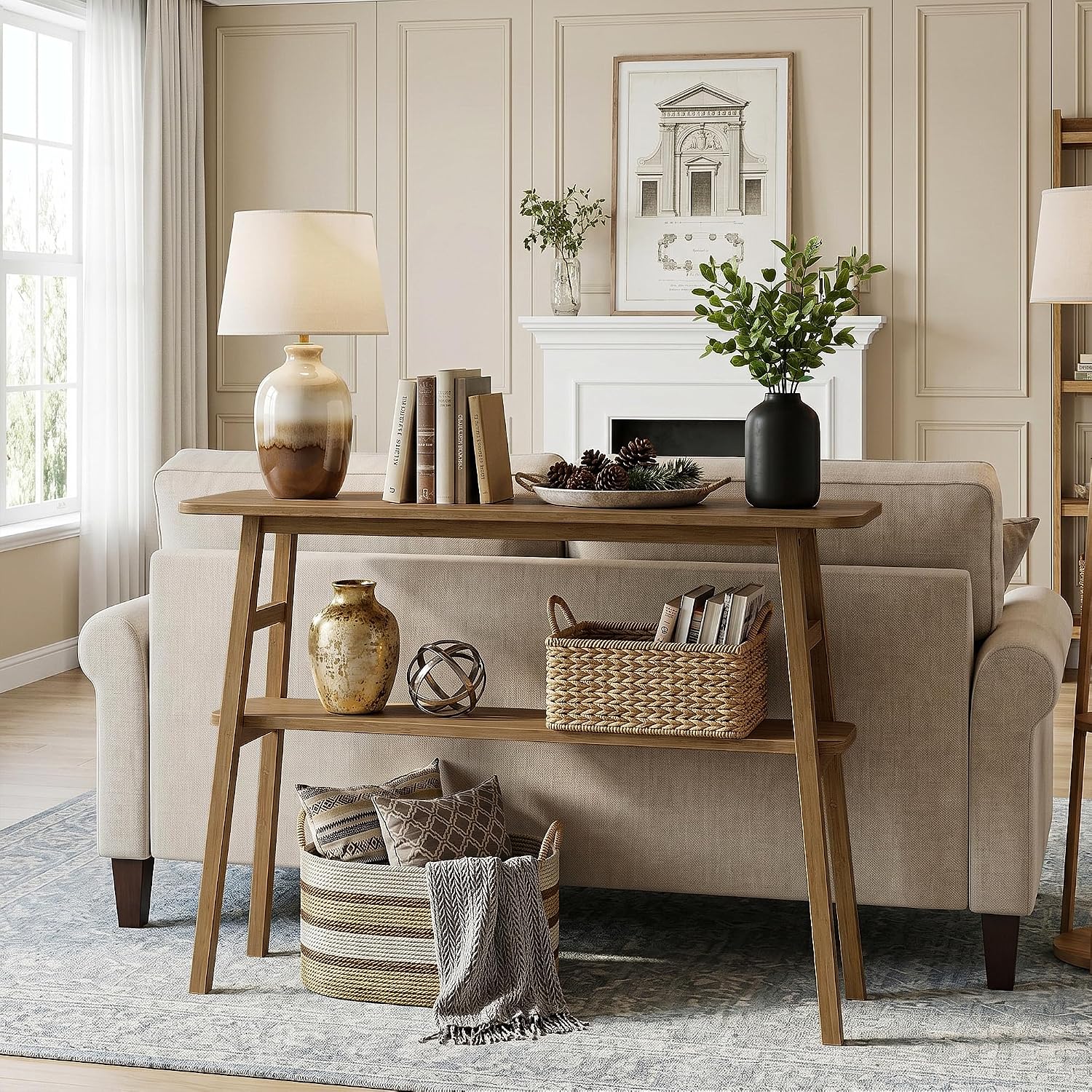 39.4" Brown Bamboo Narrow Console Table with Lower Storage Shelf