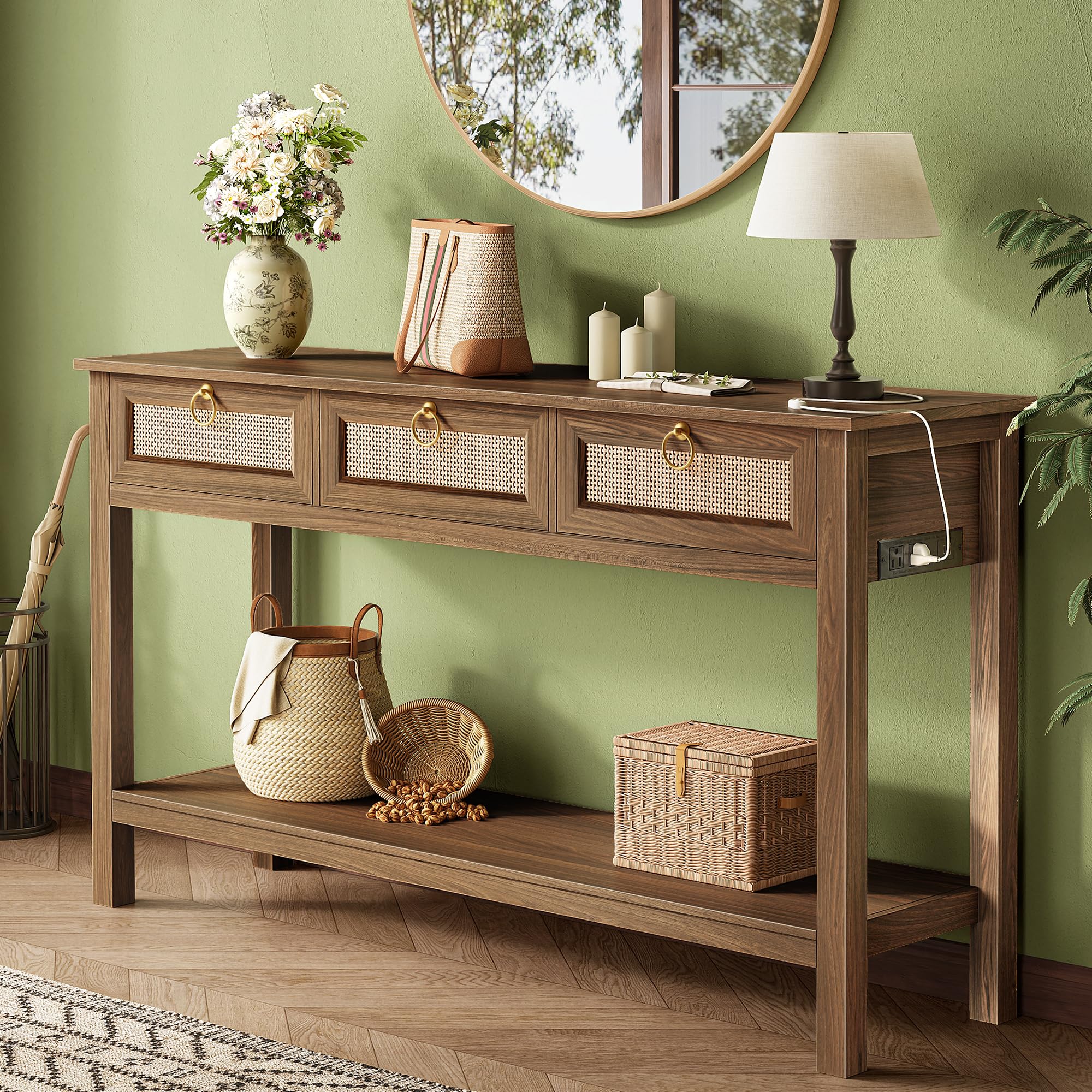 SUPERJARE Rattan Console Sofa Table with Outlets and USB-C Port, 3 Drawer Entryway Table with Synthetic Rattan Surface, Open Shelf, Behind Couch Entry Foyer Hallway Storage, Natural