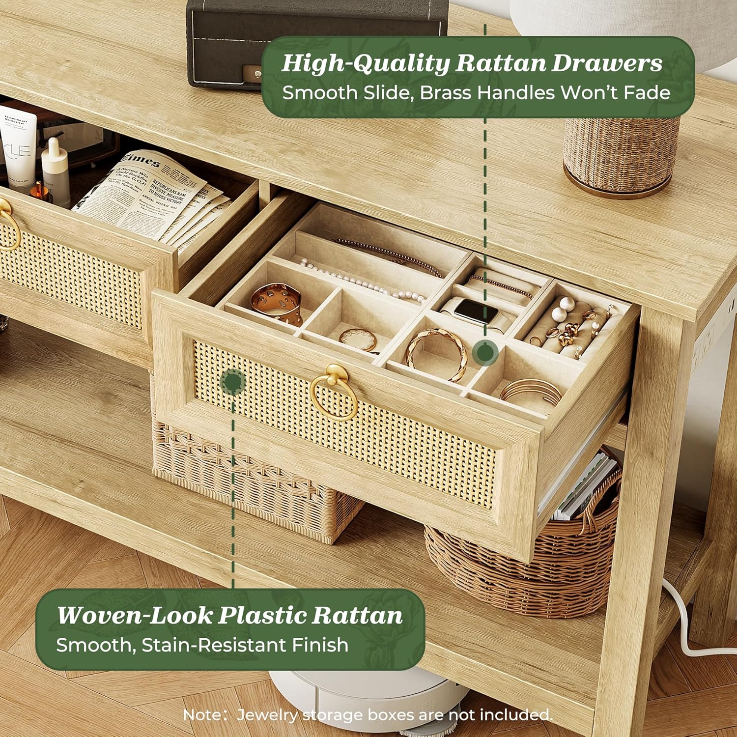 SUPERJARE Rattan Console Sofa Table with Outlets and USB-C Port, 3 Drawer Entryway Table with Synthetic Rattan Surface, Open Shelf, Behind Couch Entry Foyer Hallway Storage, Natural