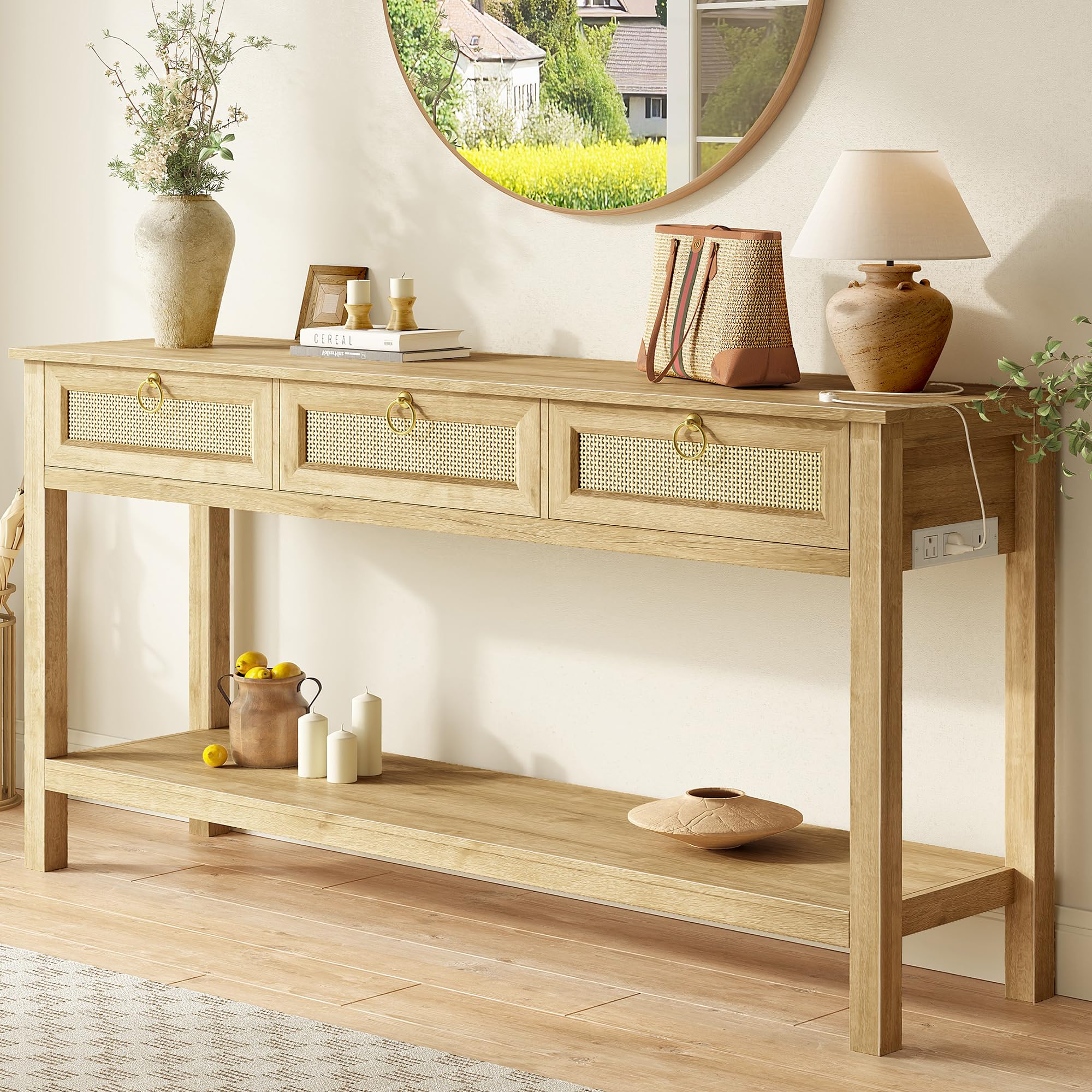SUPERJARE Rattan Console Sofa Table with Outlets and USB-C Port, 3 Drawer Entryway Table with Synthetic Rattan Surface, Open Shelf, Behind Couch Entry Foyer Hallway Storage, Natural